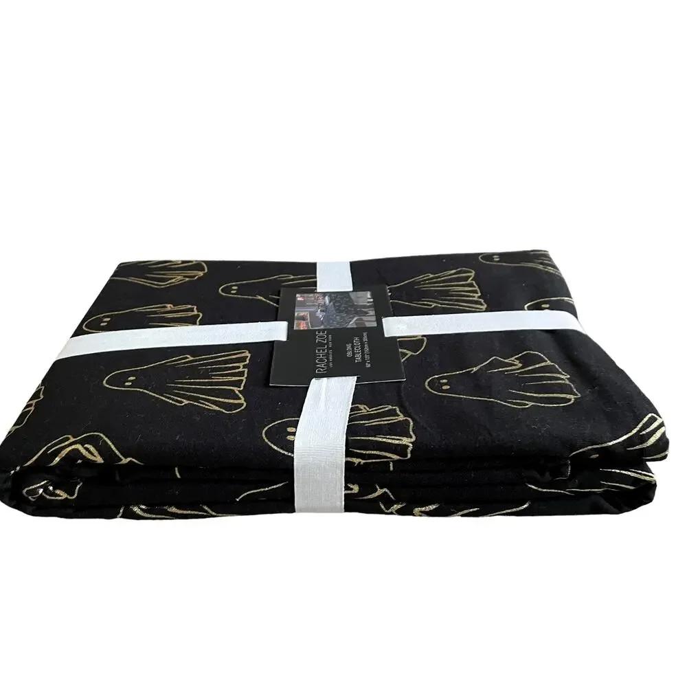 Rachel Zoe HALLOWEEN GHOST Tablecloth 60x120 Oblong Cotton Black & Gold NEW